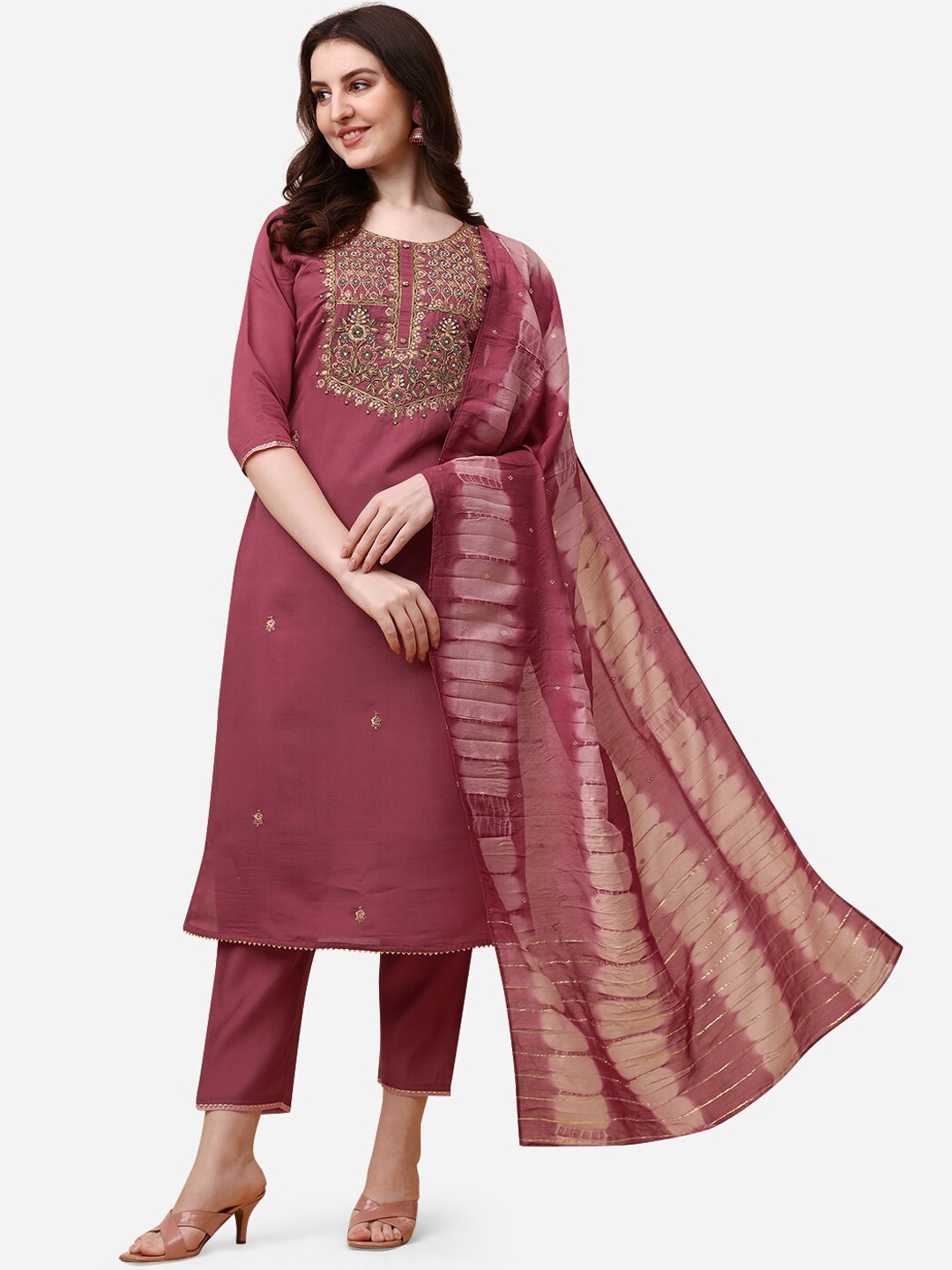 

Berrylicious Floral Embroidered Gotta Patti Kurta with Trousers & Dupatta, Rust