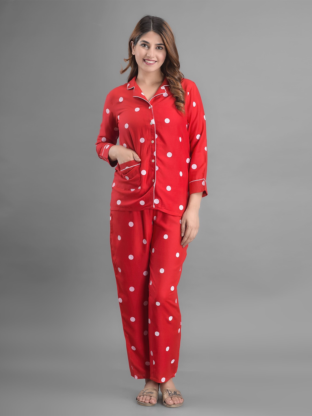 

KALINI Polka Dots Printed Nightdress, Red