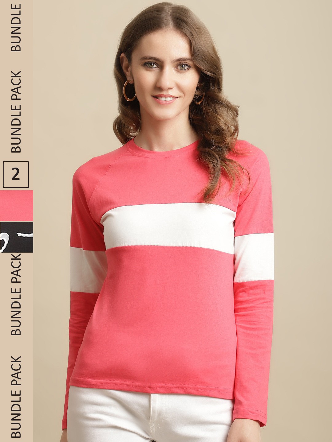 

Fabflee Women Pack of 2 Colourblocked Cotton T-shirt, Pink