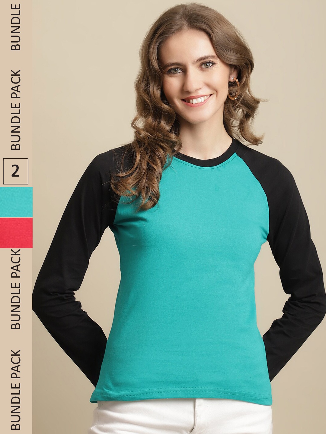 

Fabflee Women Pack of 2 Colourblocked Cotton T-shirt, Blue