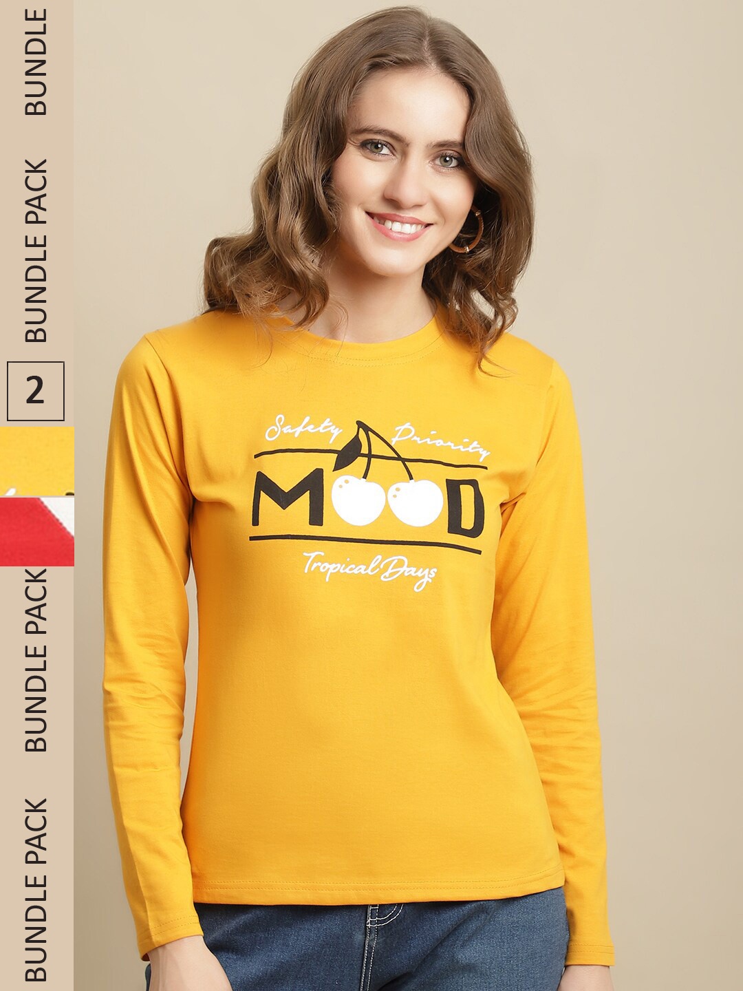 Fabflee Women Pack of 2 Printed Cotton T-shirt, Yellow