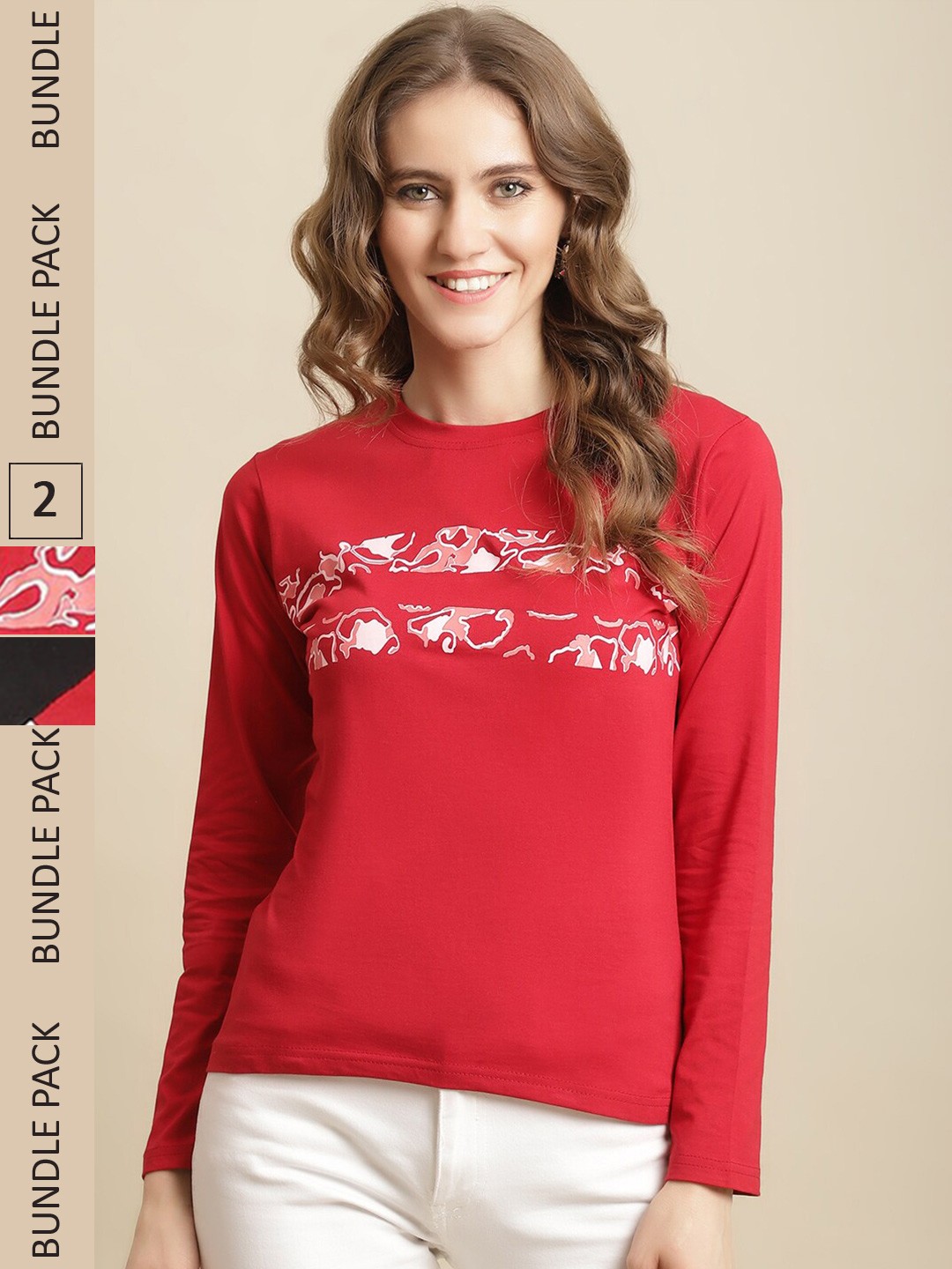 

Fabflee Women Pack of 2 Printed Cotton T-shirt, Red