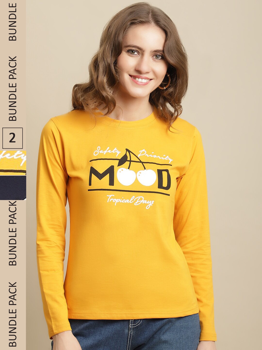 

Fabflee Women Pack of 2 Printed Cotton T-shirt, Yellow