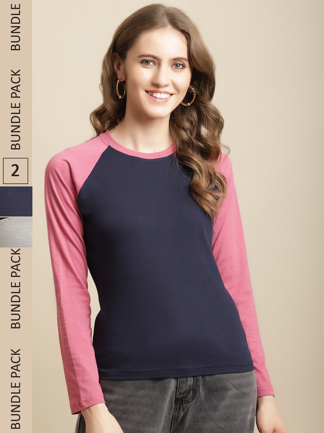 

Fabflee Women Pack of 2 Colourblocked Cotton T-shirt, Navy blue