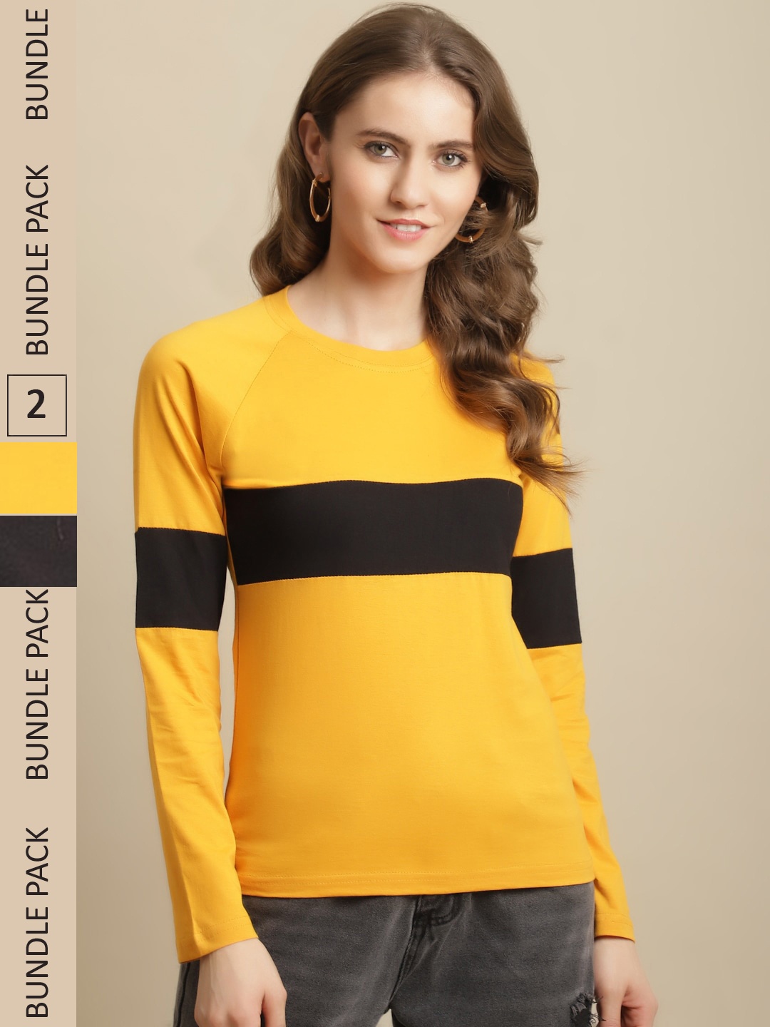 

Fabflee Women Pack of 2 Colourblocked Cotton T-Shirt, Yellow