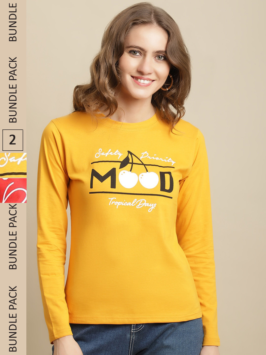 

Fabflee Women Pack of 2 Printed Cotton T-Shirt, Yellow