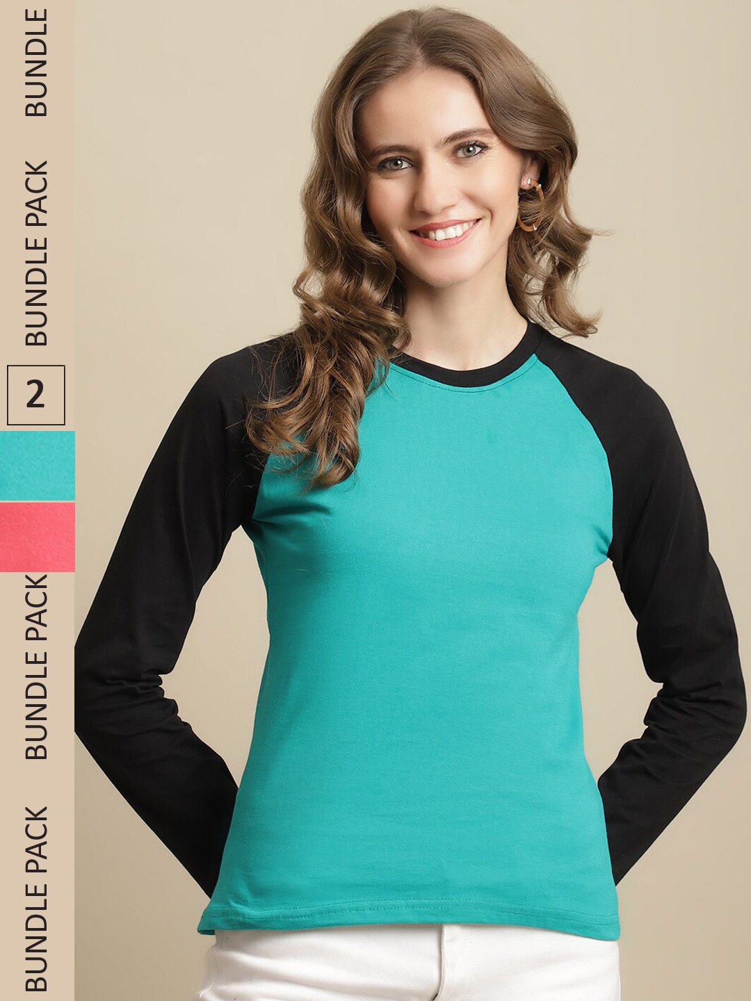 

Fabflee Women Pack of 2 Colourblocked Cotton T-Shirt, Blue