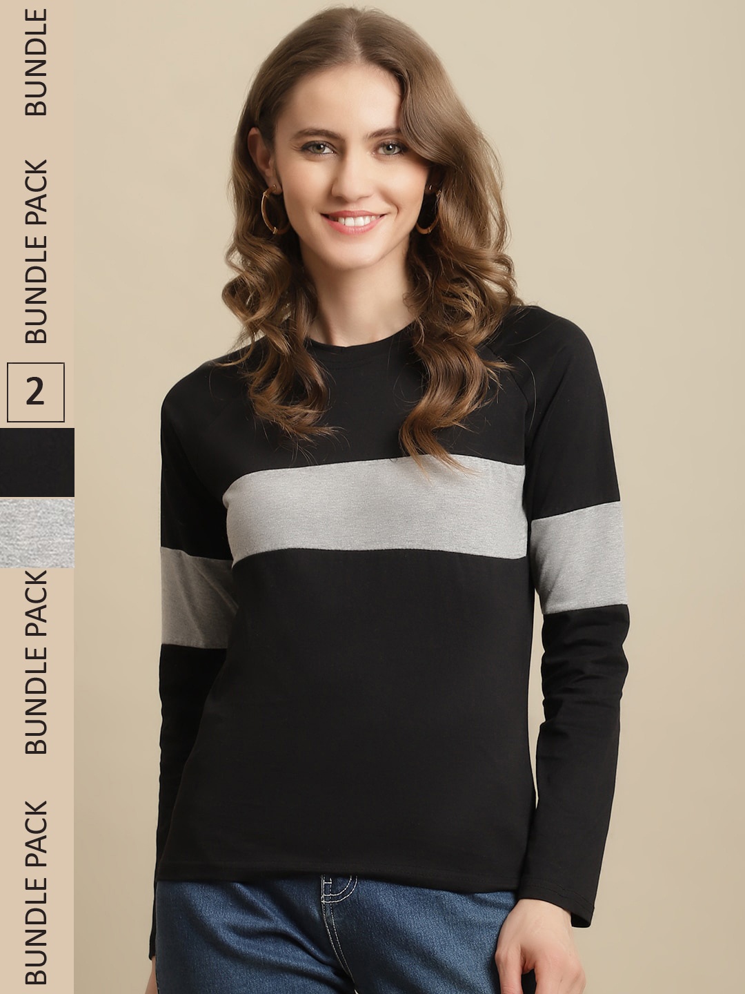 

Fabflee Women Pack of 2 Colourblocked Cotton T-Shirt, Black