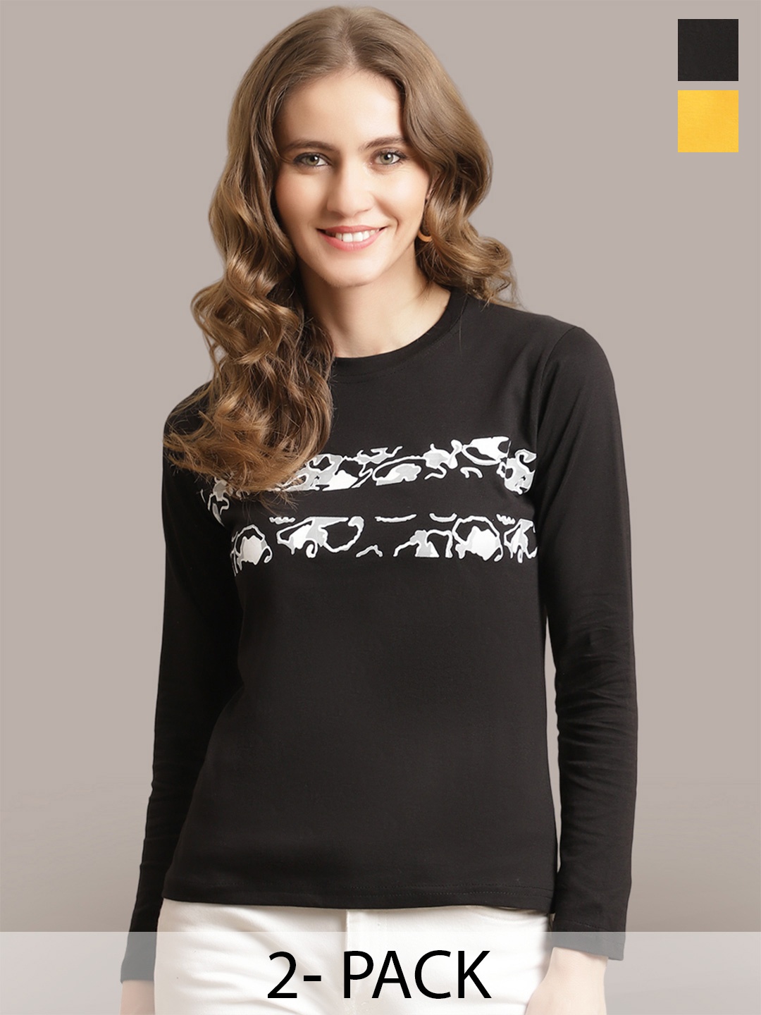 

Fabflee Women Set Of 2 Printed Cotton T-shirt, Black