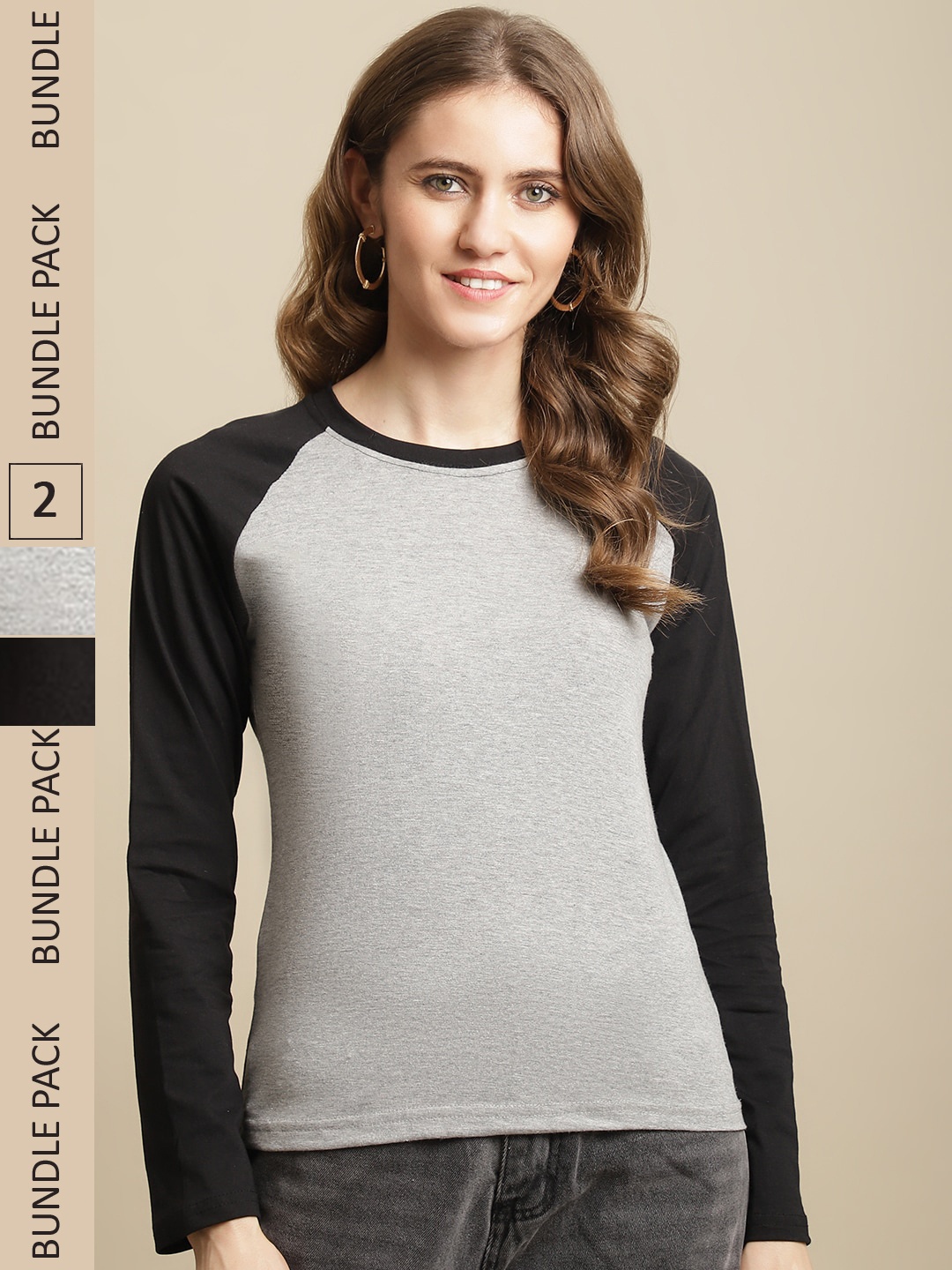 

Fabflee Women Set Of 2 Colourblocked Cotton T-shirt, Black