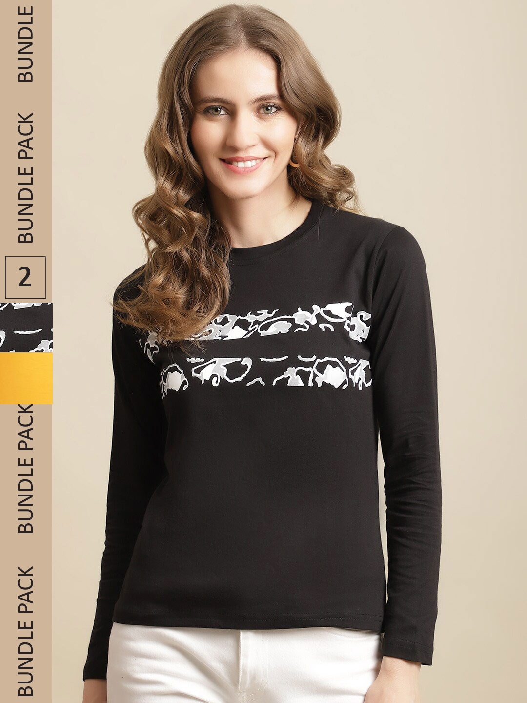 

Fabflee Women Set Of 2 Colourblocked Cotton T-shirt, Black