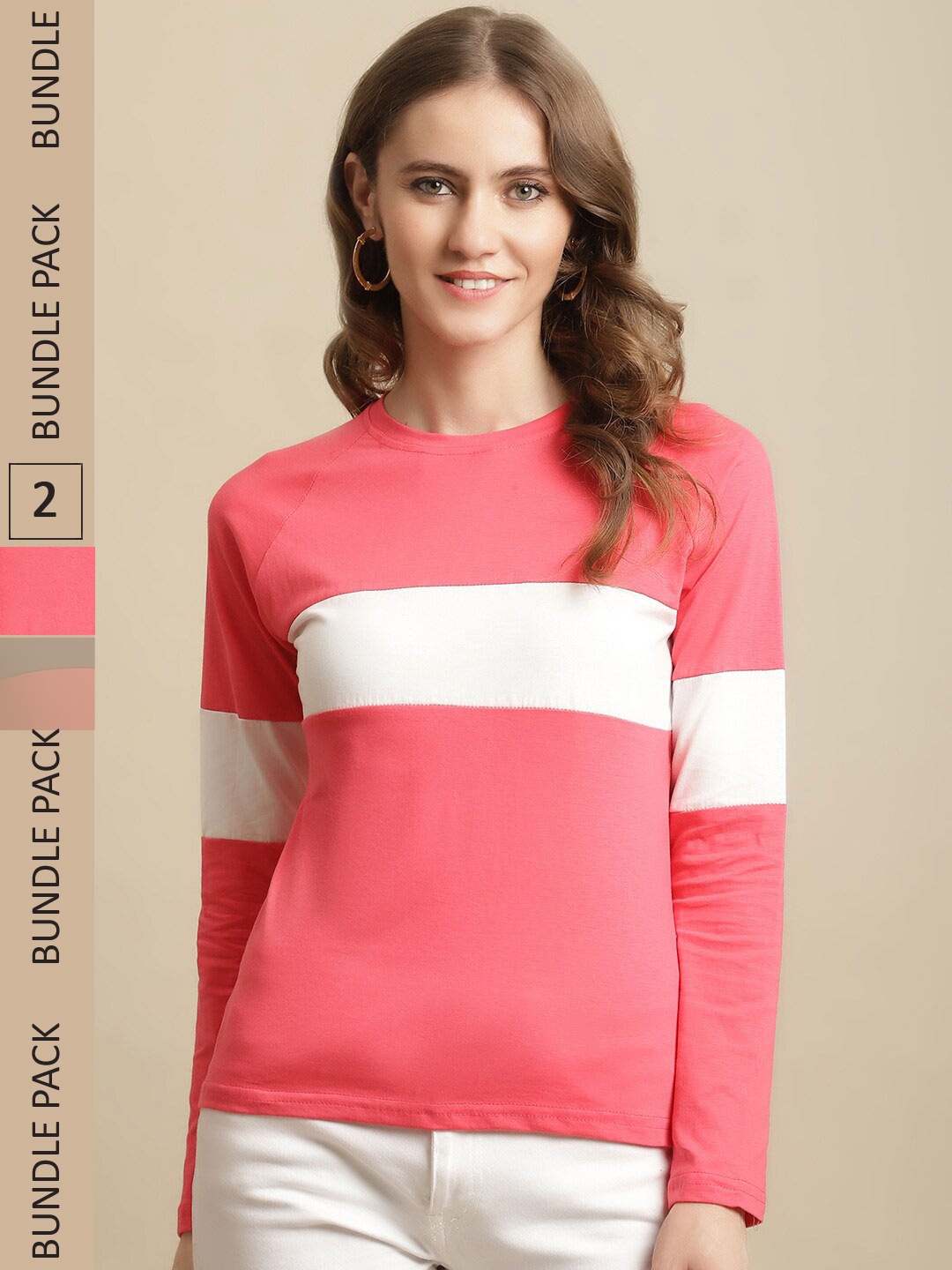 

Fabflee Women Set Of 2 Colourblocked Cotton T-shirt, Pink
