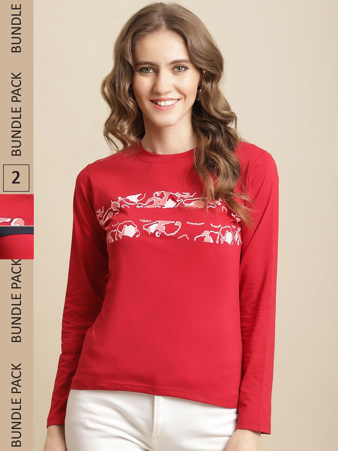 

Fabflee Women Set Of 2 Colourblocked Cotton T-shirt, Red