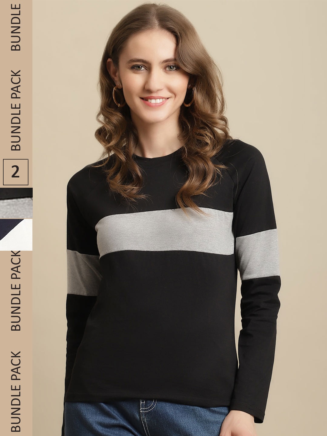 

Fabflee Women Pack of 2 Colourblocked Cotton T-shirt, Black