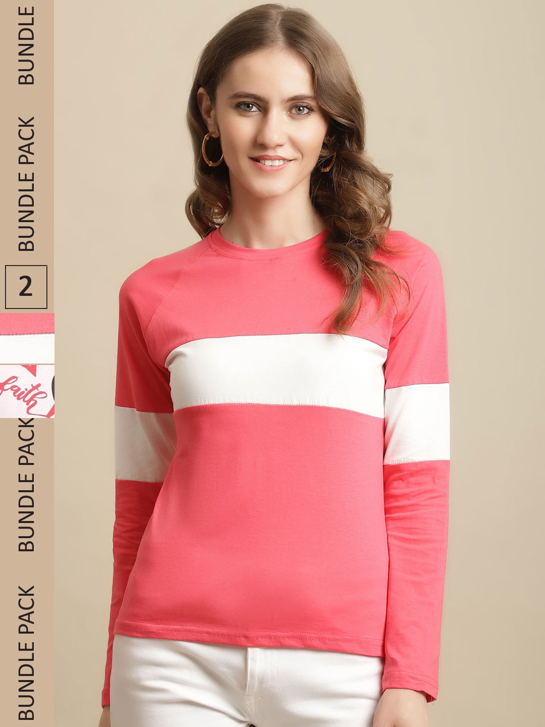 

Fabflee Women Pack of 2 Colourblocked Cotton T-shirt, Pink