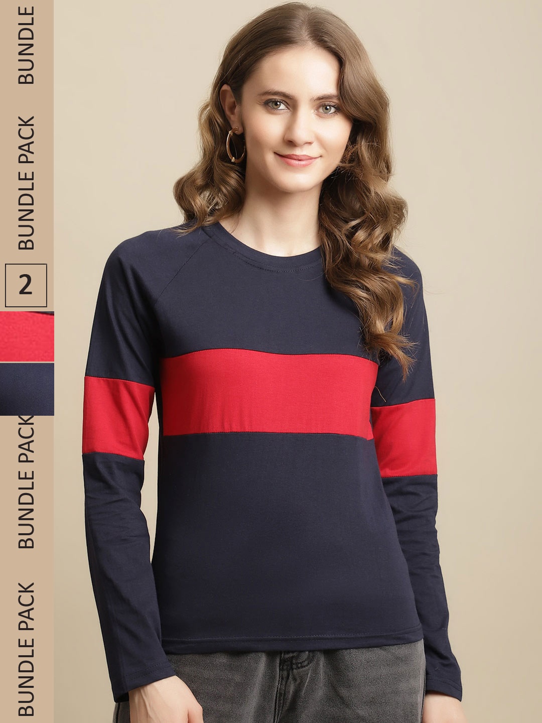 Fabflee Women Pack of 2 Colourblocked Cotton T-shirt, Navy blue