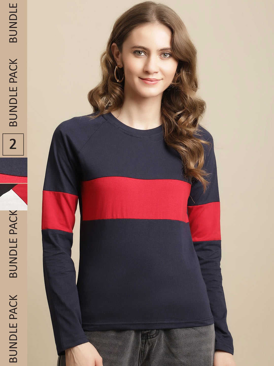

Fabflee Women Pack of 2 Colourblocked Cotton T-shirt, Navy blue