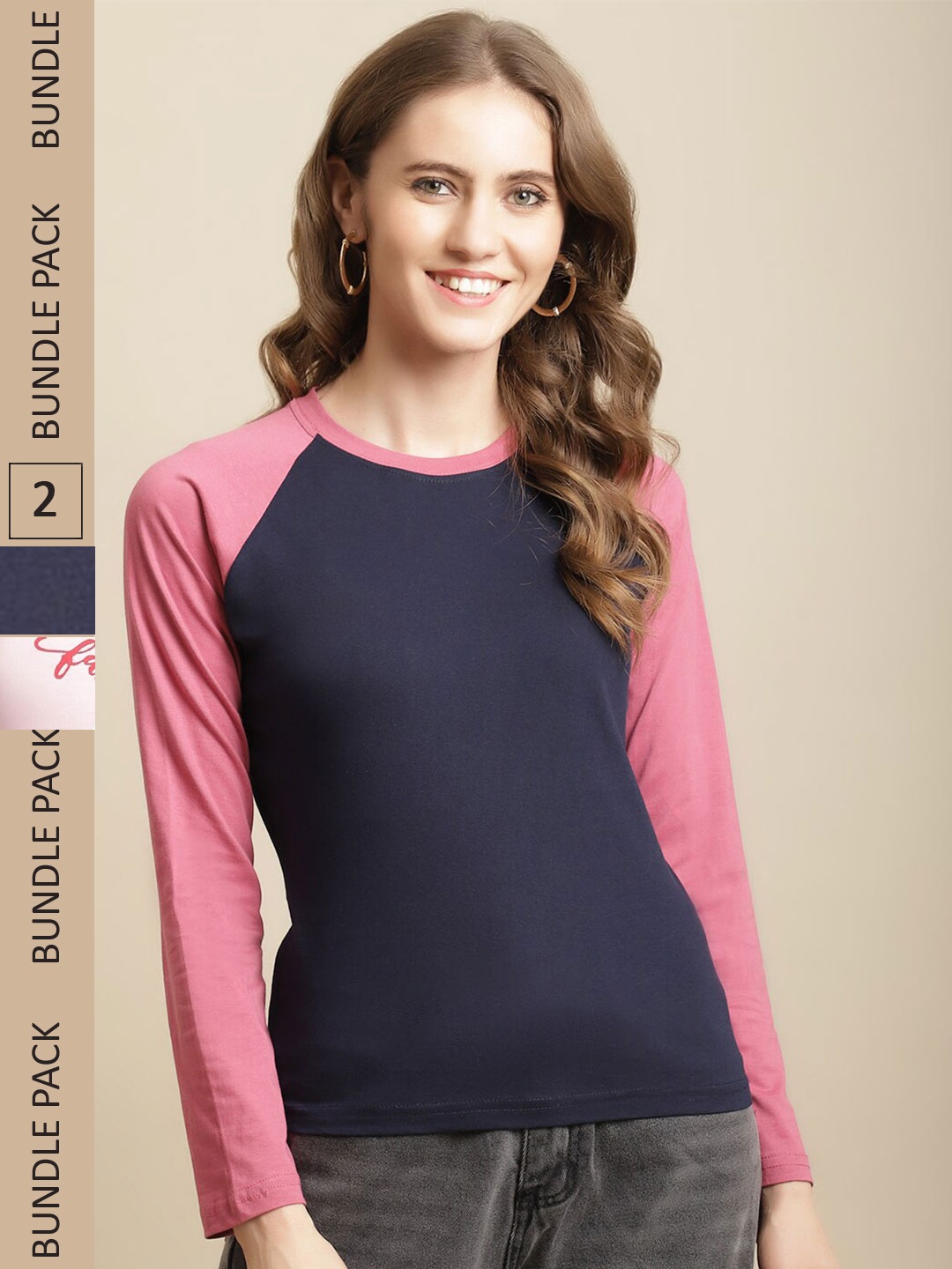 

Fabflee Women Pack Of 2 Colourblocked Cotton T-shirts, Navy blue