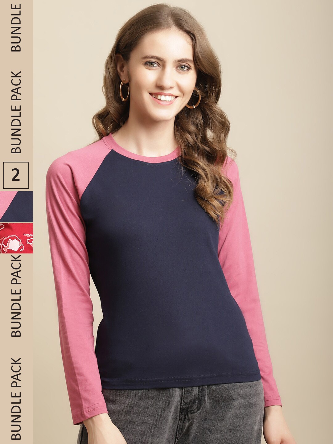 Fabflee Women Pack Of 2 Colourblocked Cotton T-shirts, Navy blue