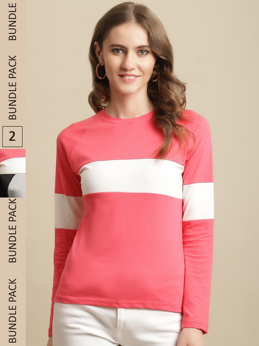 

Fabflee Women Pack Of 2 Colourblocked Cotton T-shirts, Peach