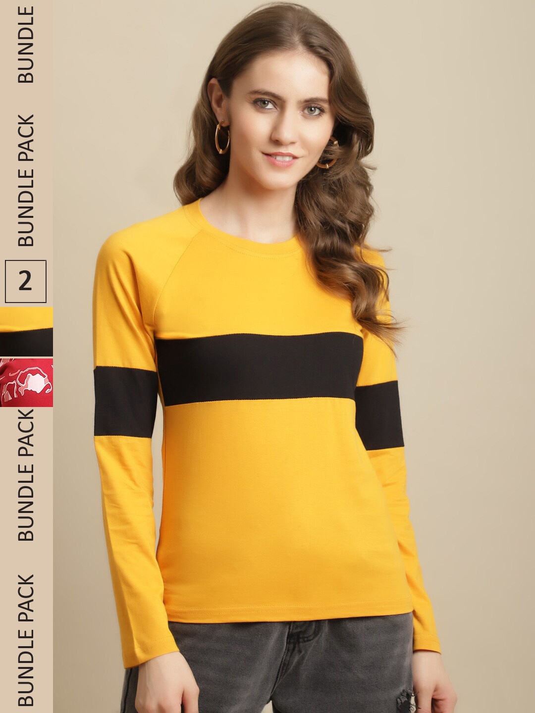 

Fabflee Women Pack Of 2 Colourblocked Cotton T-shirts, Yellow