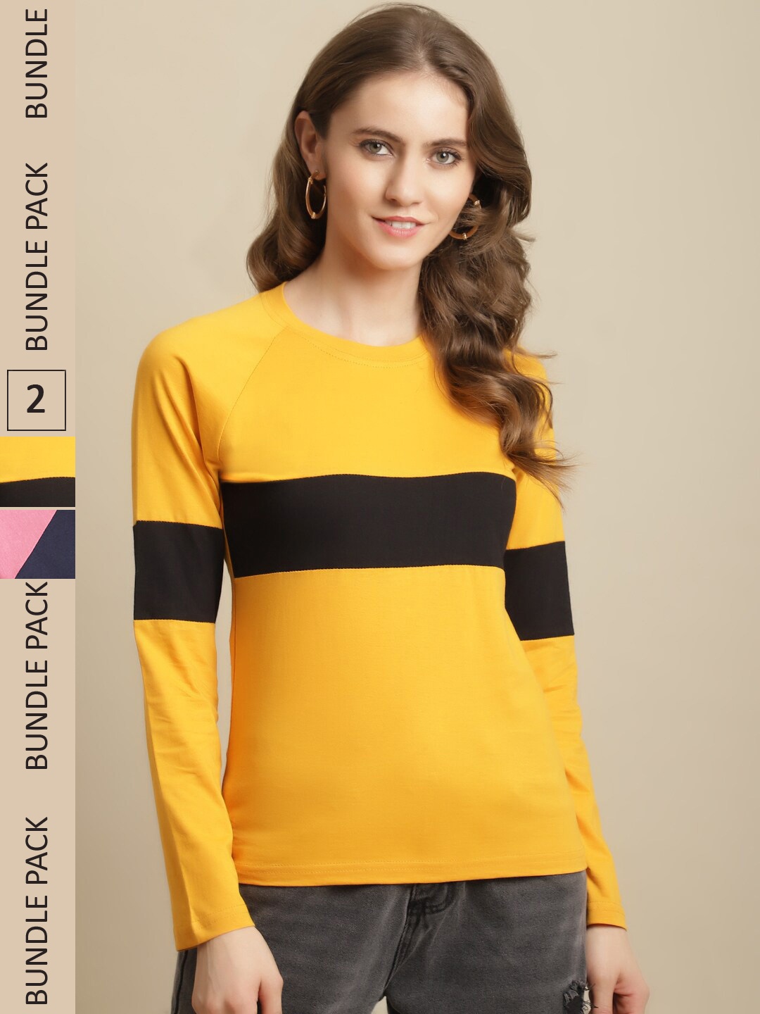 

Fabflee Women Pack Of 2 Colourblocked Cotton T-shirts, Yellow