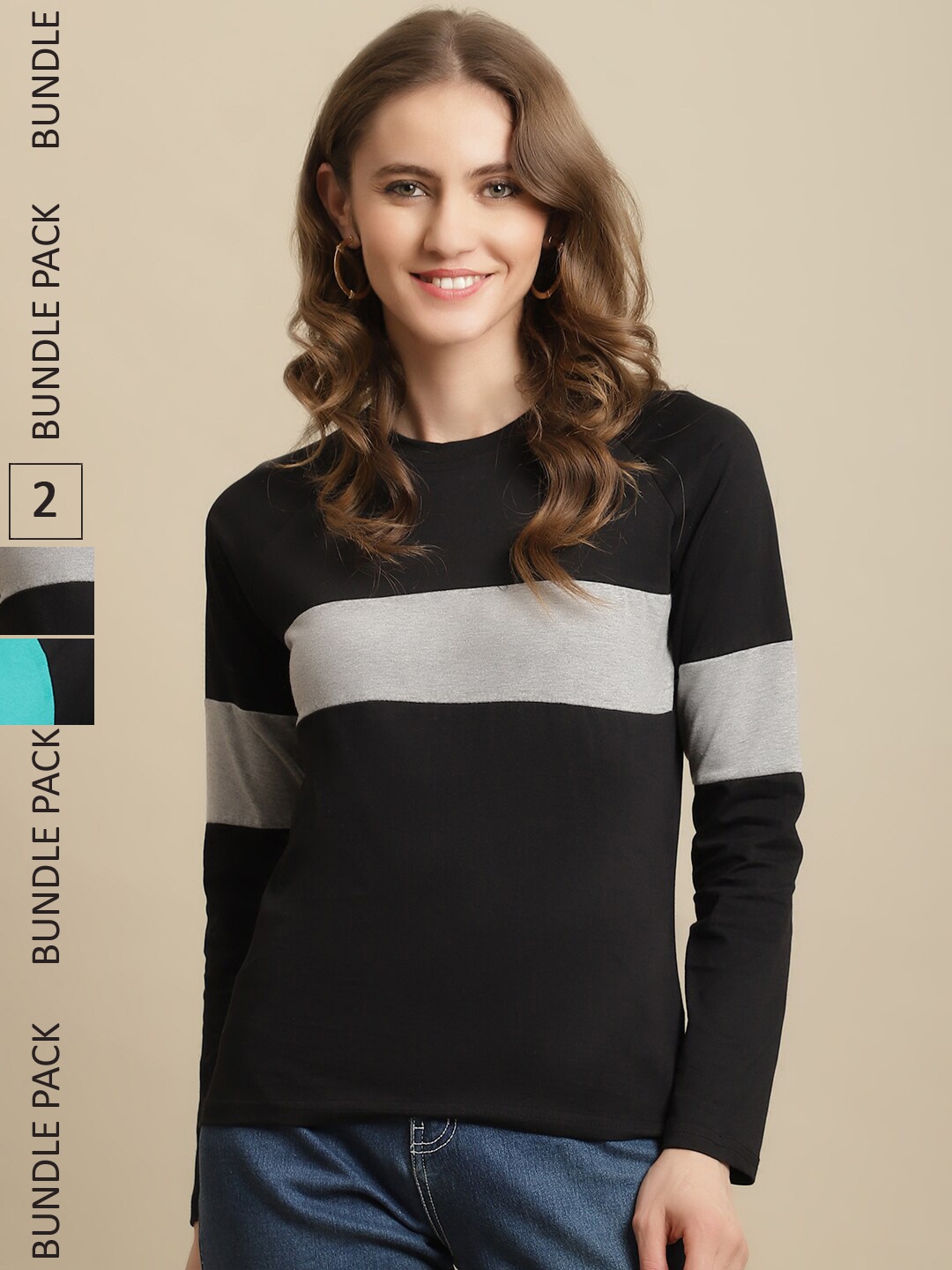 

Fabflee Women Pack Of 2 Colourblocked Cotton T-shirts, Black