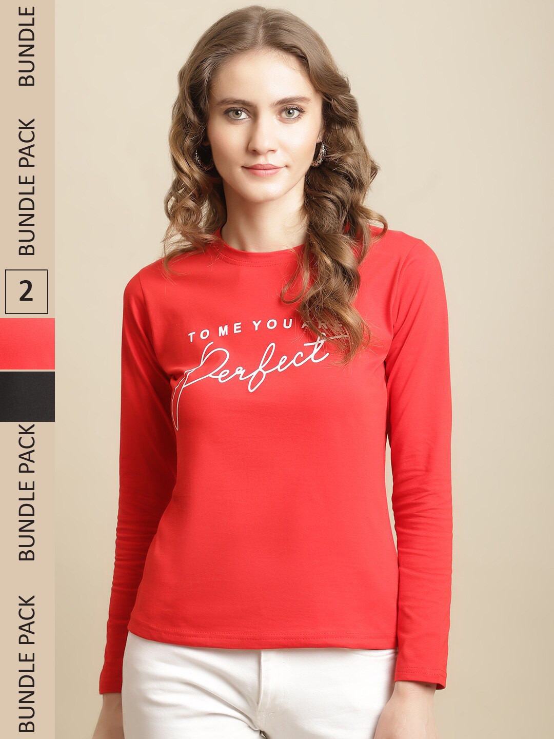 

Fabflee Women Pack Of 2 Typography Printed Cotton T-shirts, Red