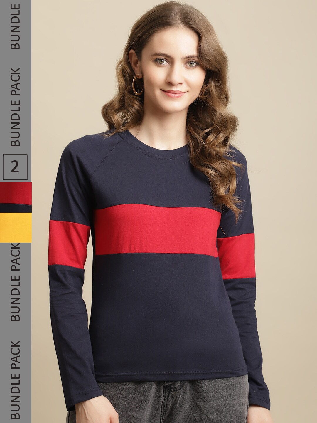 Fabflee Women Pack Of 2 Full Sleeves Cotton T-Shirt, Navy blue