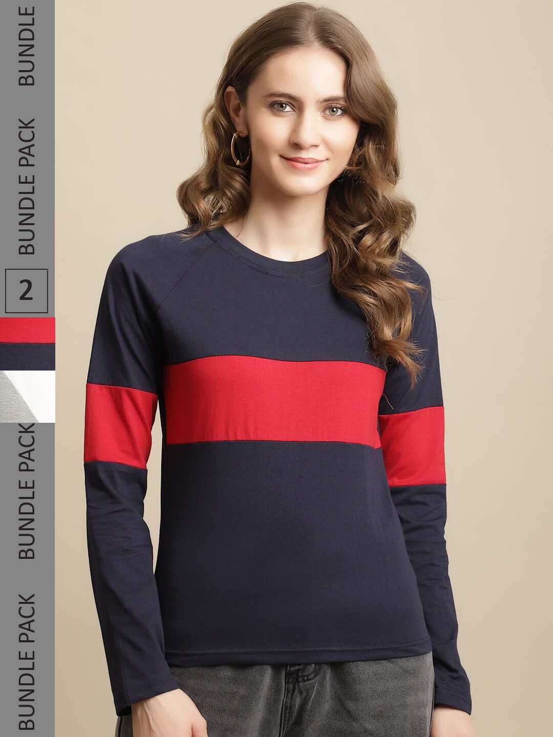 

Fabflee Women Pack Of 2 Full Sleeves Cotton T-Shirt, Navy blue