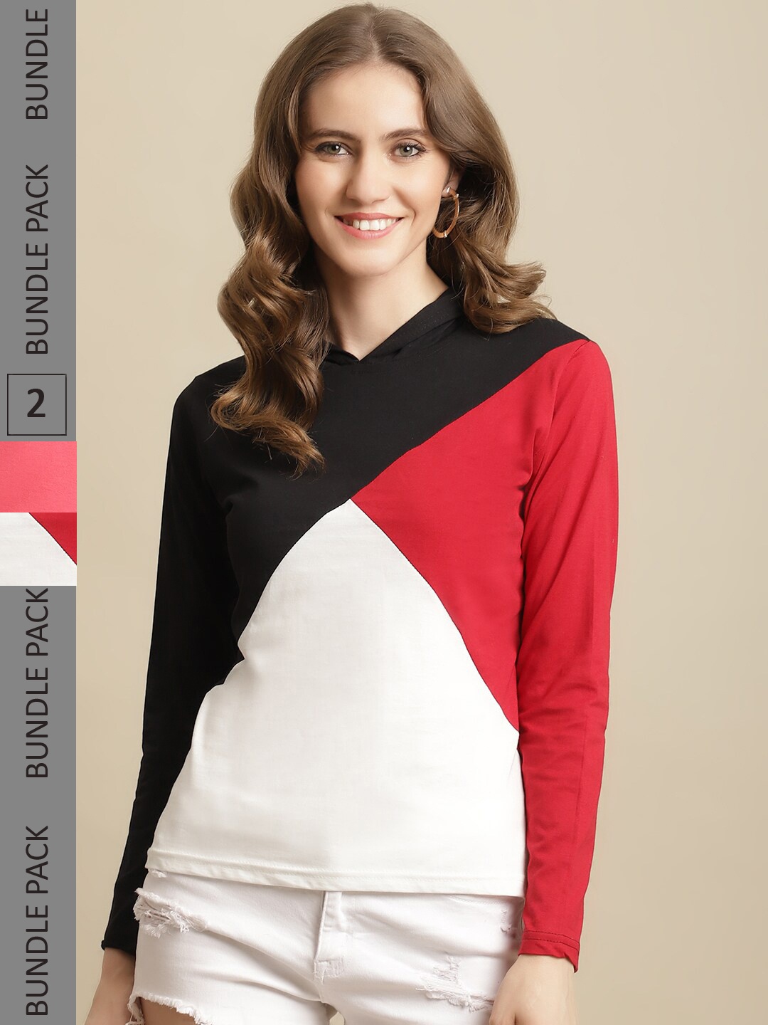 Fabflee Women Pack Of 2 Full Sleeves Cotton T-Shirt, Red