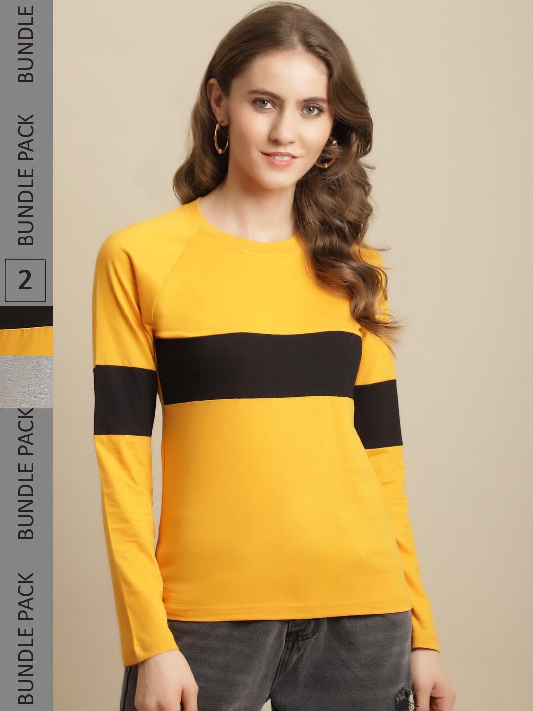 

Fabflee Women Pack Of 2 Full Sleeves Cotton T-Shirt, Yellow