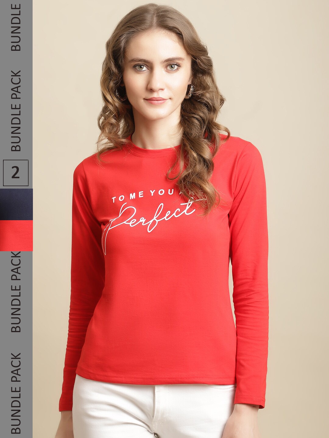 Fabflee Women Pack Of 2 Full Sleeves Cotton T-Shirt, Red