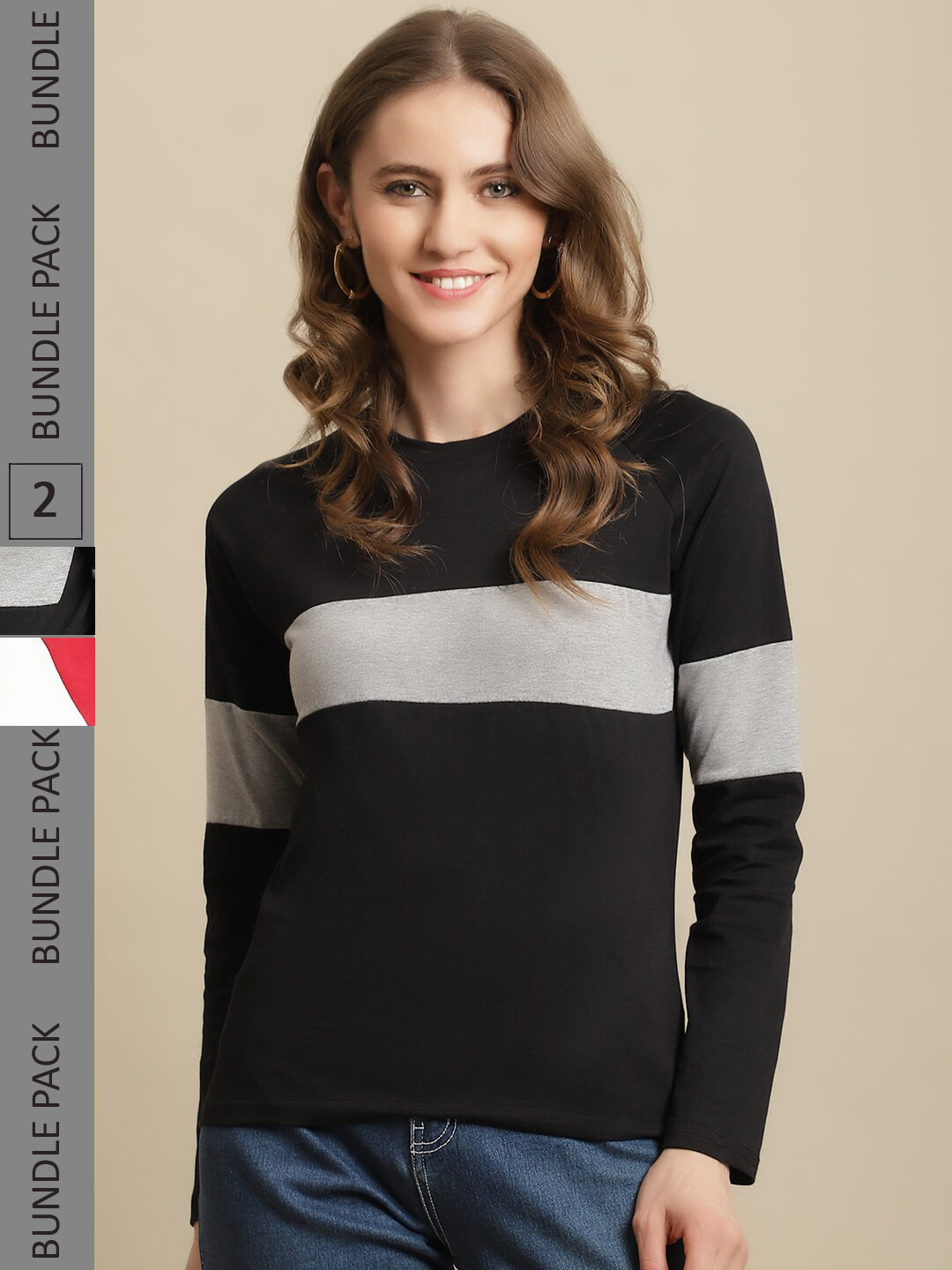 

Fabflee Women Pack Of 2 Full Sleeves Cotton T-Shirt, Black