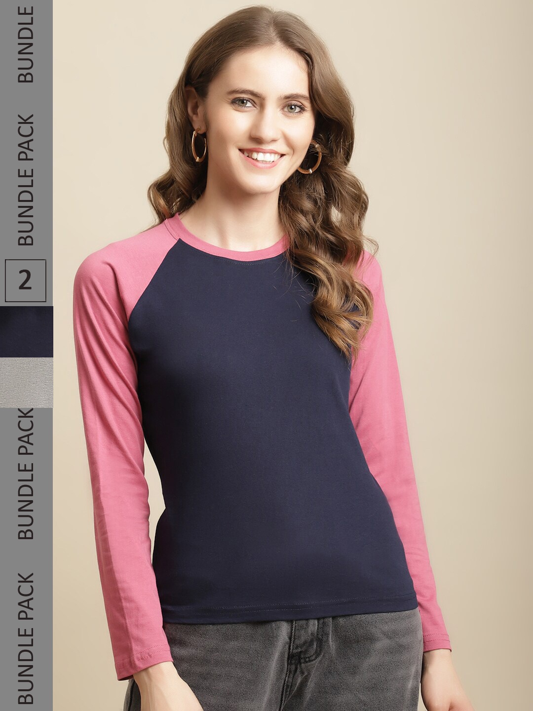 

Fabflee Women Pack Of 2 Full Sleeves Cotton T-Shirt, Navy blue