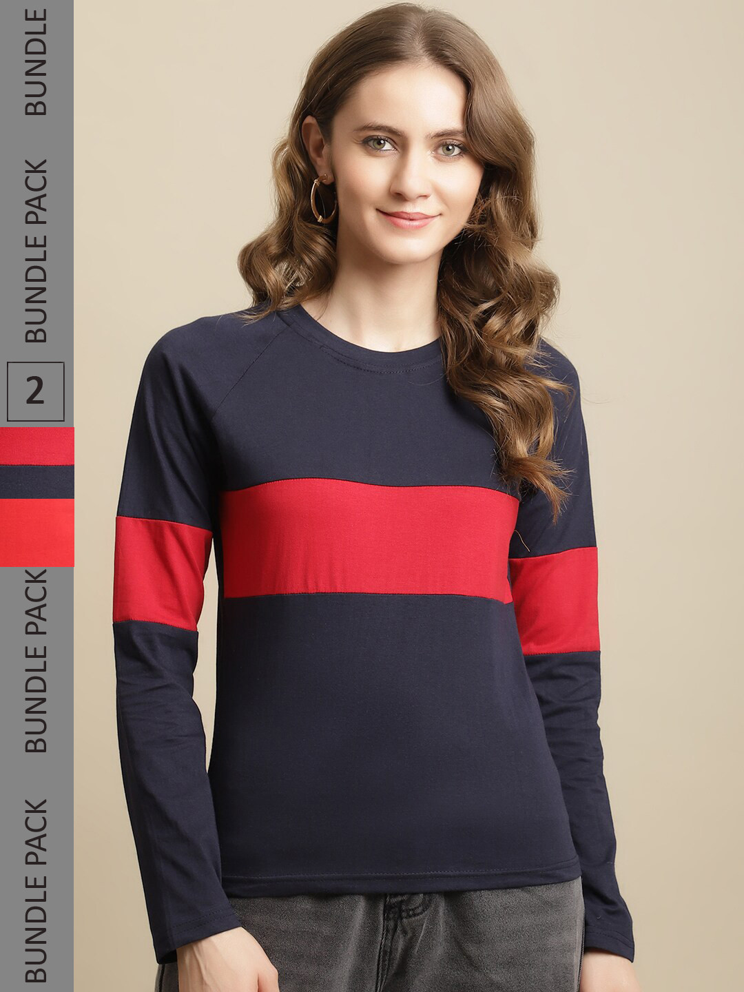 

Fabflee Women Pack Of 2 Full Sleeves Cotton T-Shirt, Navy blue