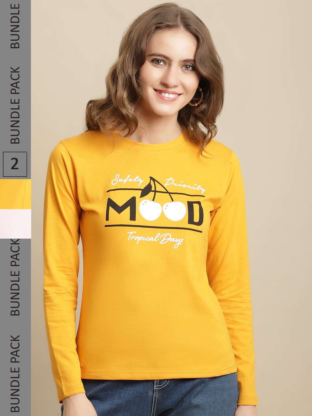 Fabflee Women Pack of 2 Typography Printed Cotton T-shirts, Mustard