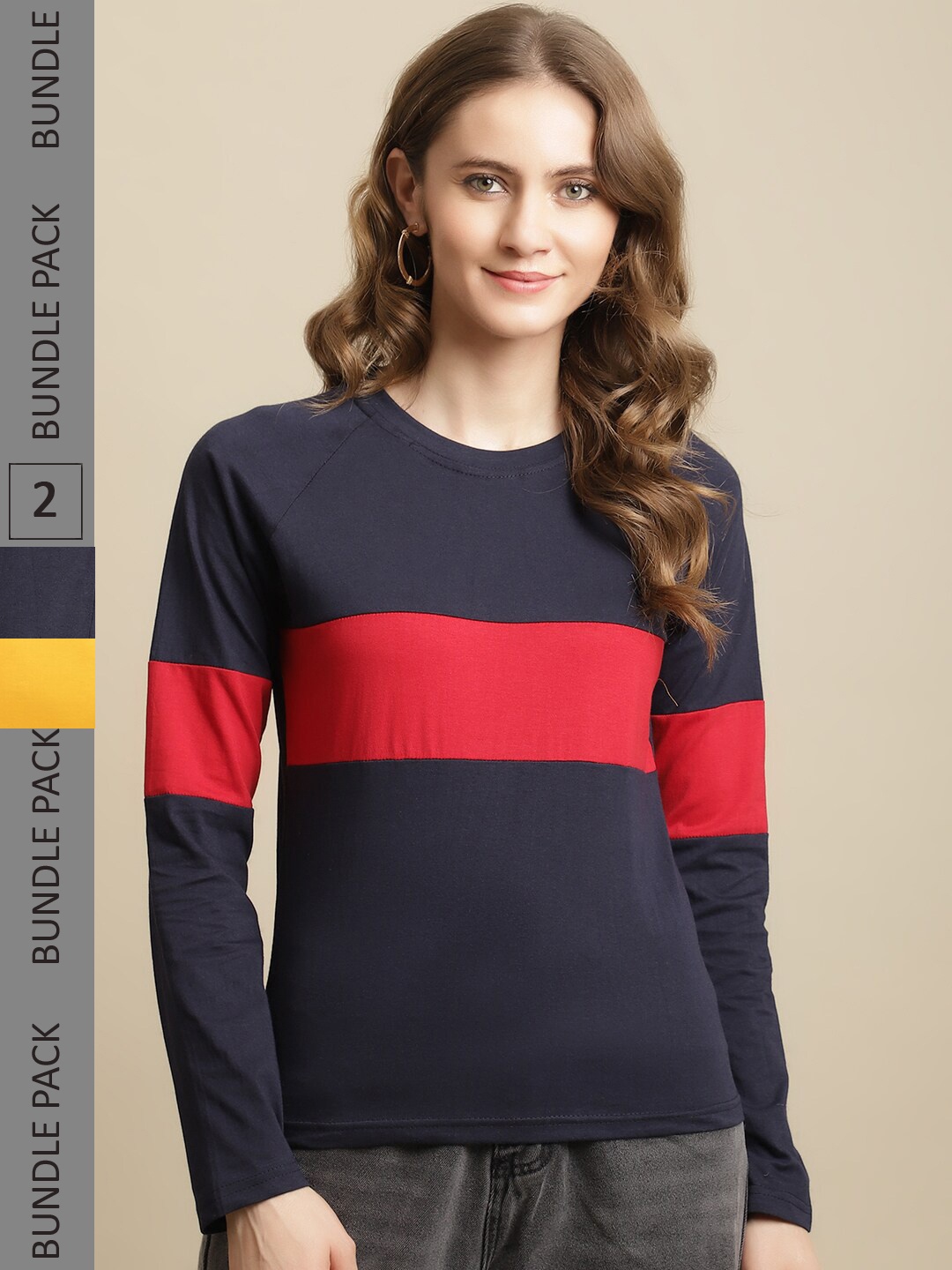 

Fabflee Women Pack of 2 Colourblocked Cotton T-shirts, Navy blue
