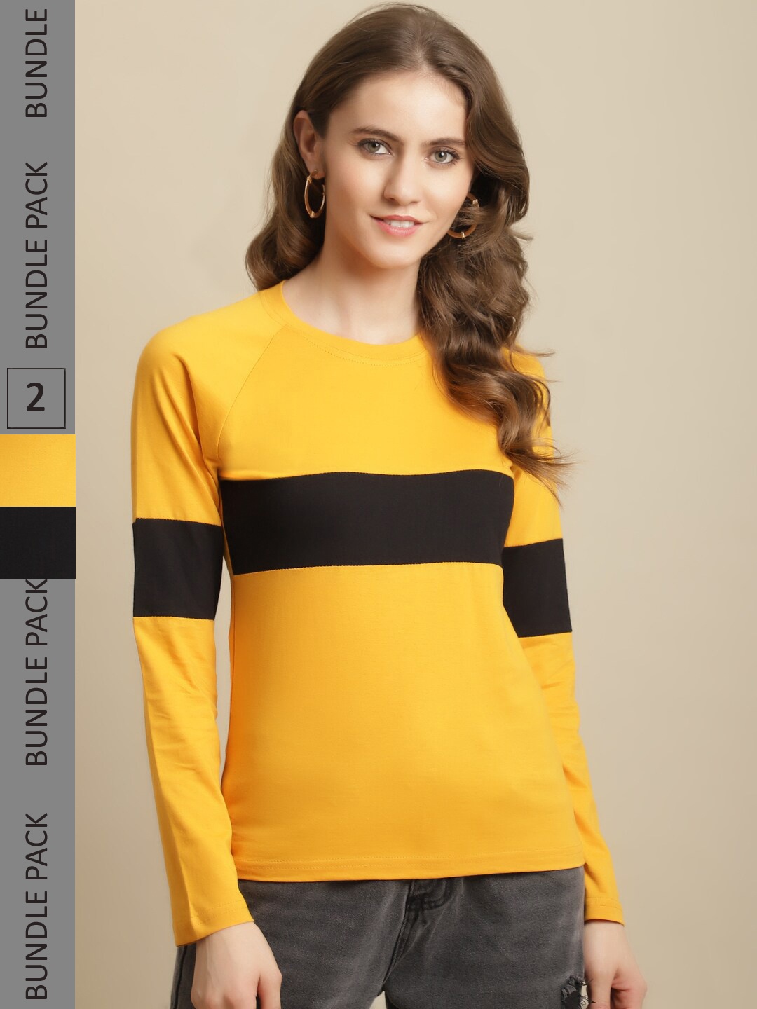 

Fabflee Women Pack of 2 Colourblocked Cotton T-shirts, Yellow