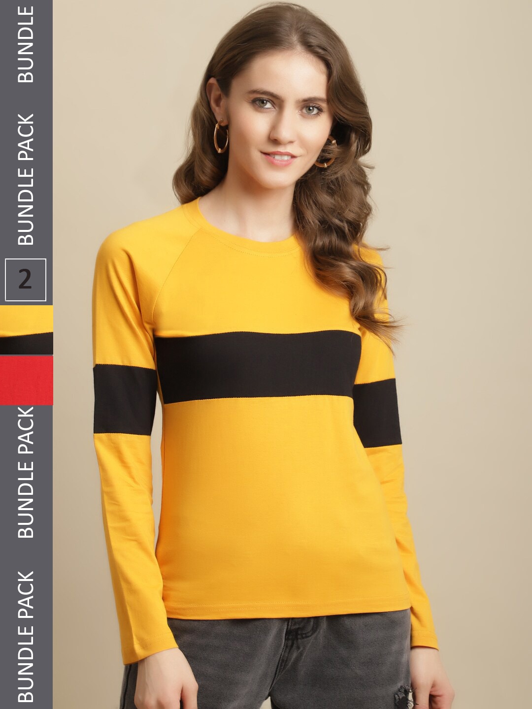 Fabflee Pack of 2 Round Neck Cotton T-shirt, Mustard