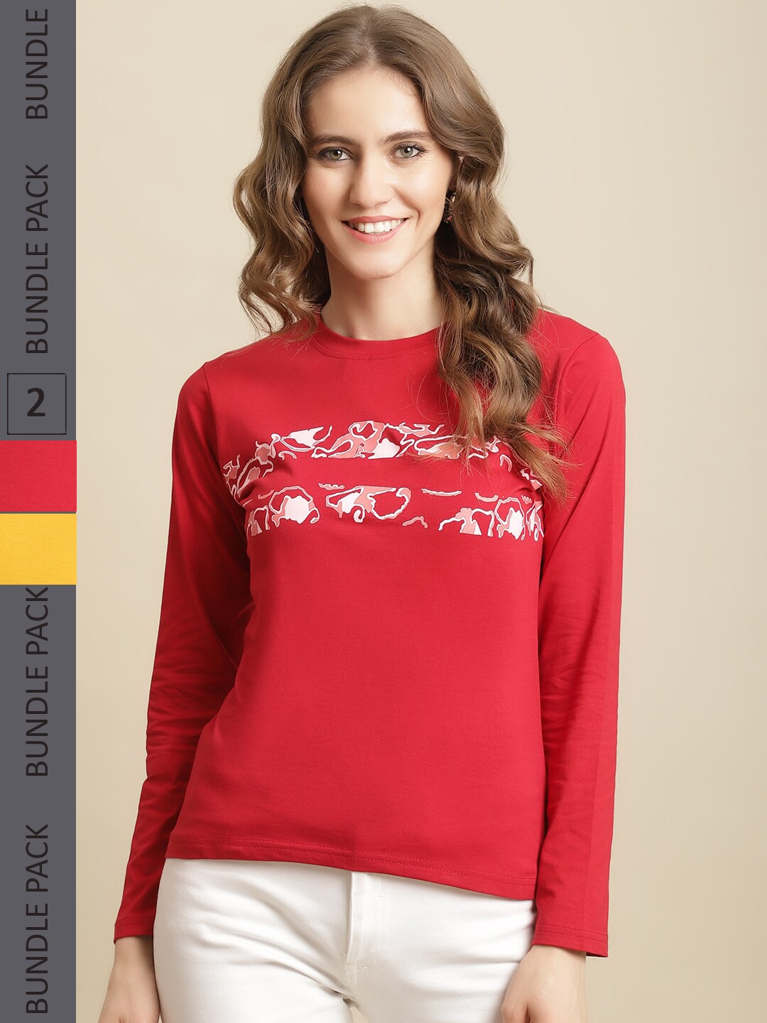 

Fabflee Pack of 2 Printed Round Neck Cotton T-shirt, Red
