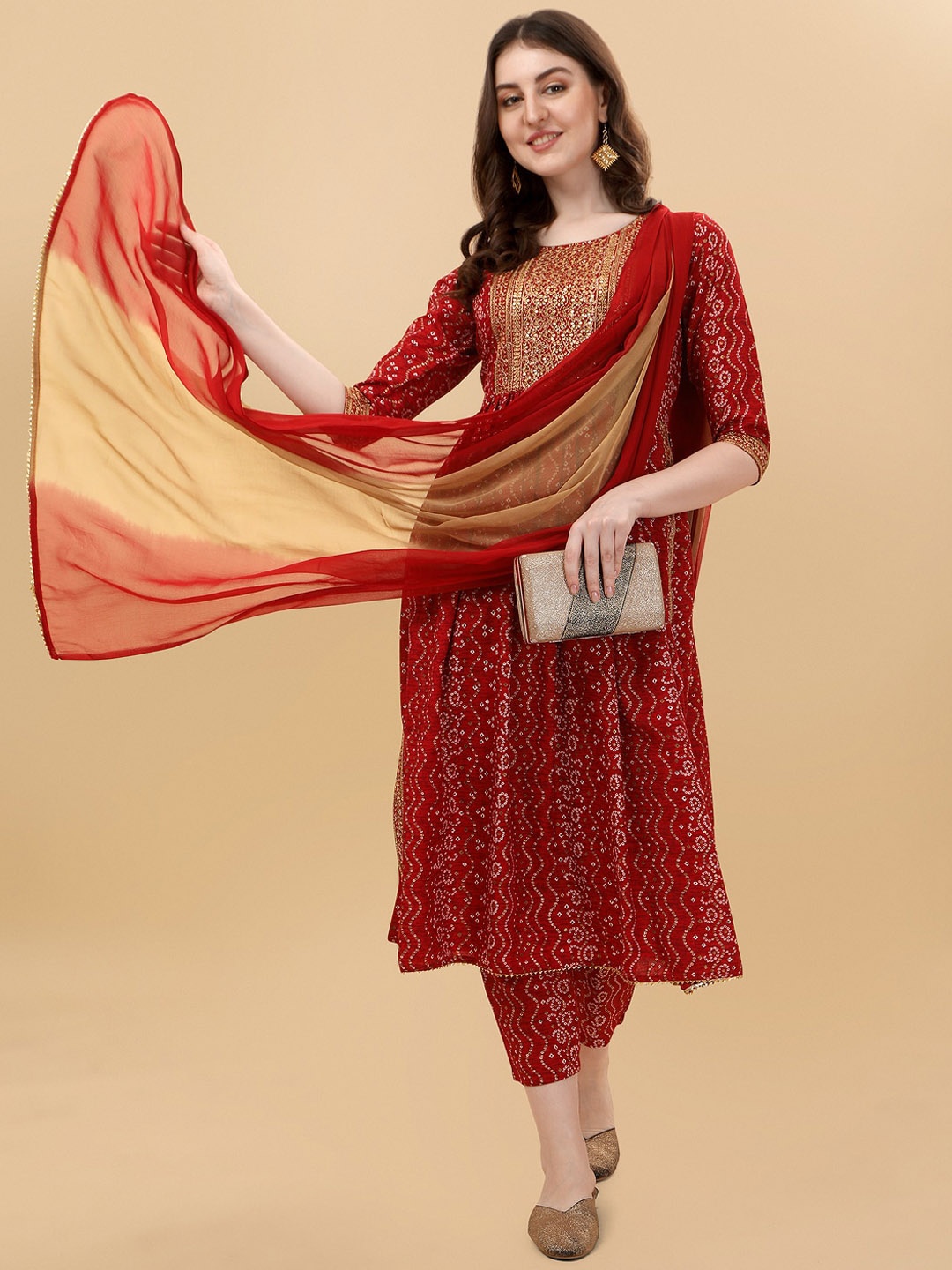 

Berrylicious Embroidered Bandhani Pure Cotton Kurta with Trousers & Dupatta, Maroon