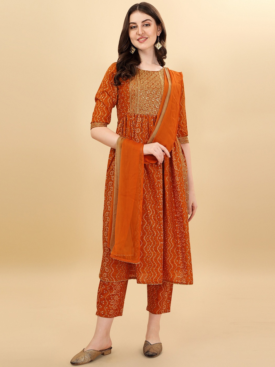 

Berrylicious Embroidered Bandhani Pure Cotton Kurta with Trousers & Dupatta, Orange