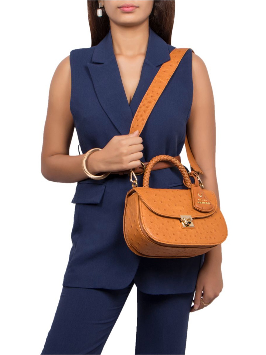 

Hidesign Women Geometric Textured Leather Half Moon Handheld Bag, Tan