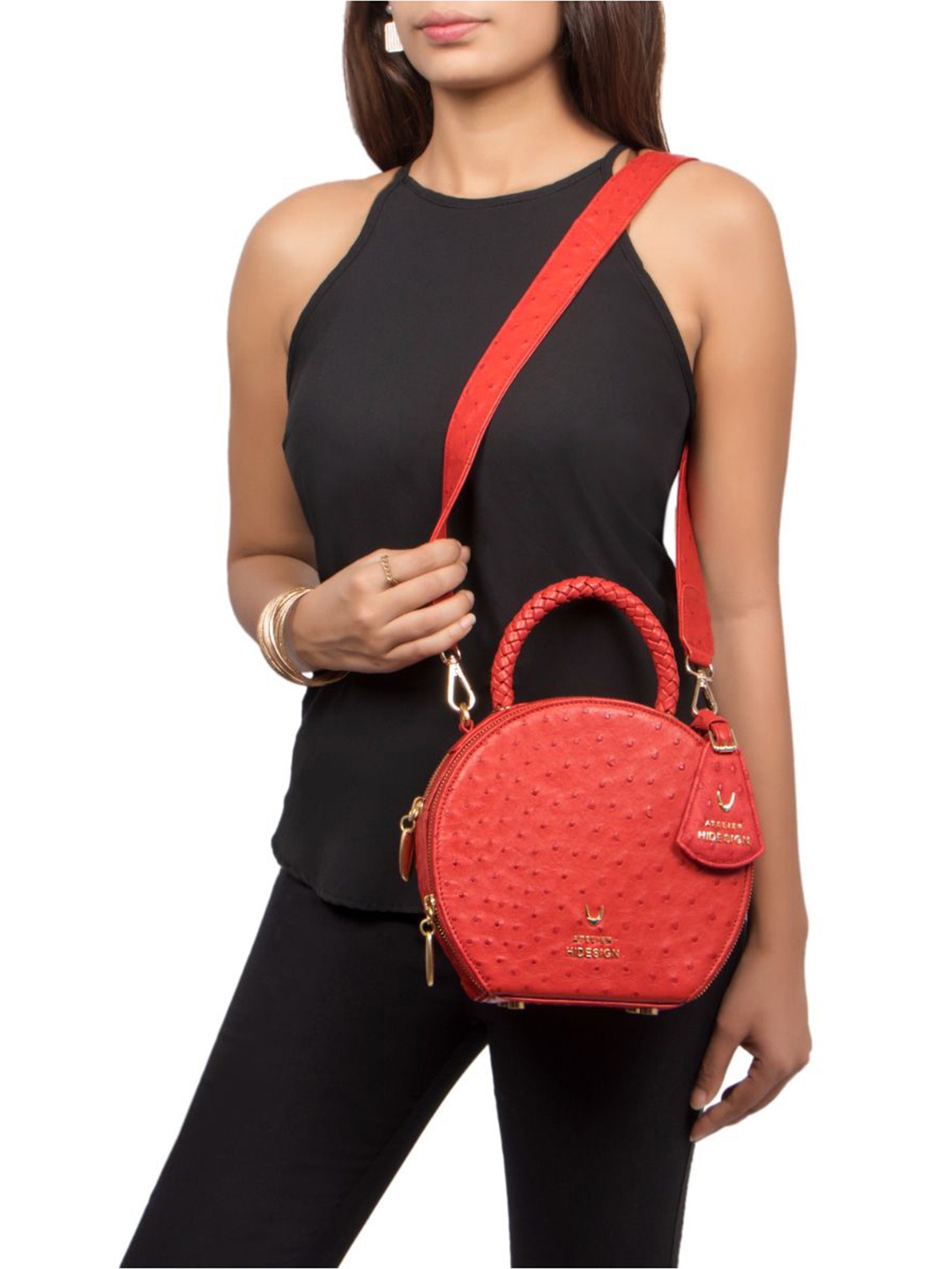 

Hidesign Women Geometric Textured Leather Structured Handheld Bag, Red