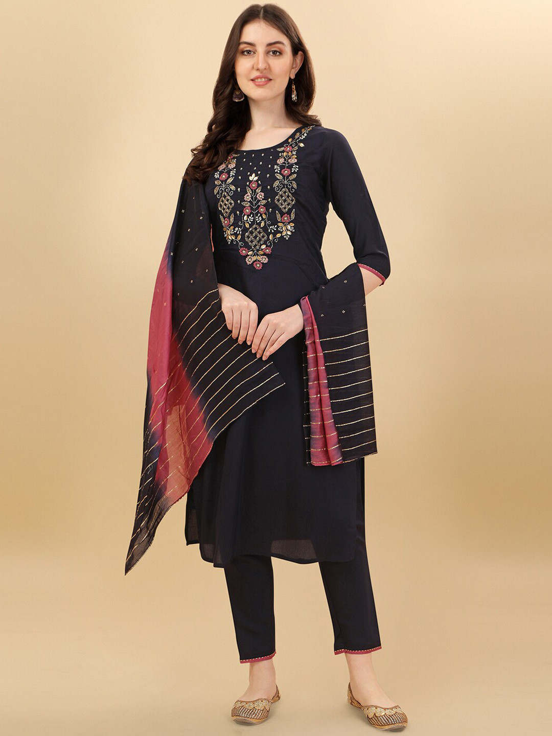 

Berrylicious Floral Embroidered Chanderi Cotton Kurta with Trousers & dupatta, Navy blue