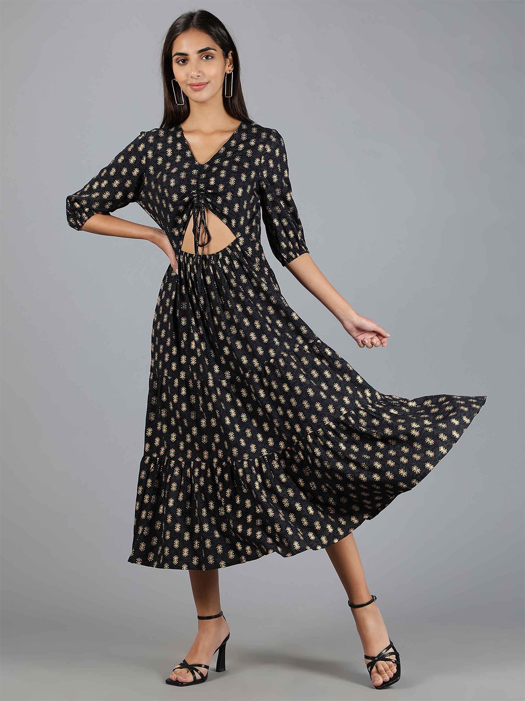 

MINGLAY Ethnic Motifs Midi Dress, Black