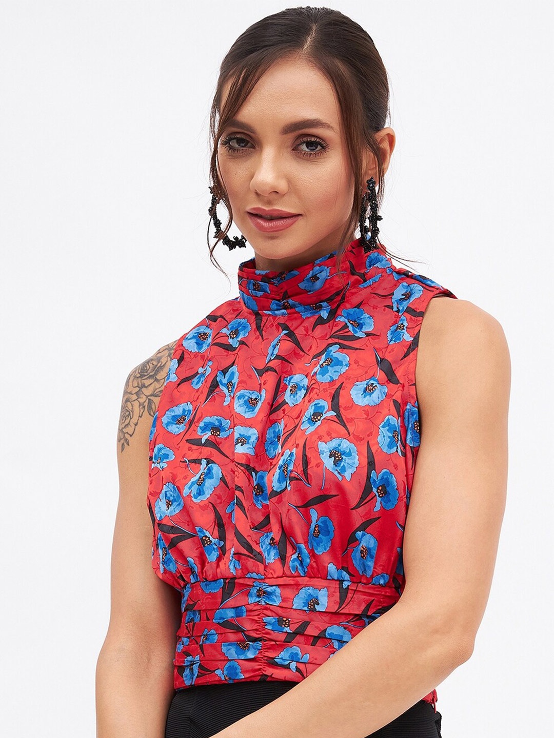 

Kibo Floral Printed Cinched Waist Top, Red