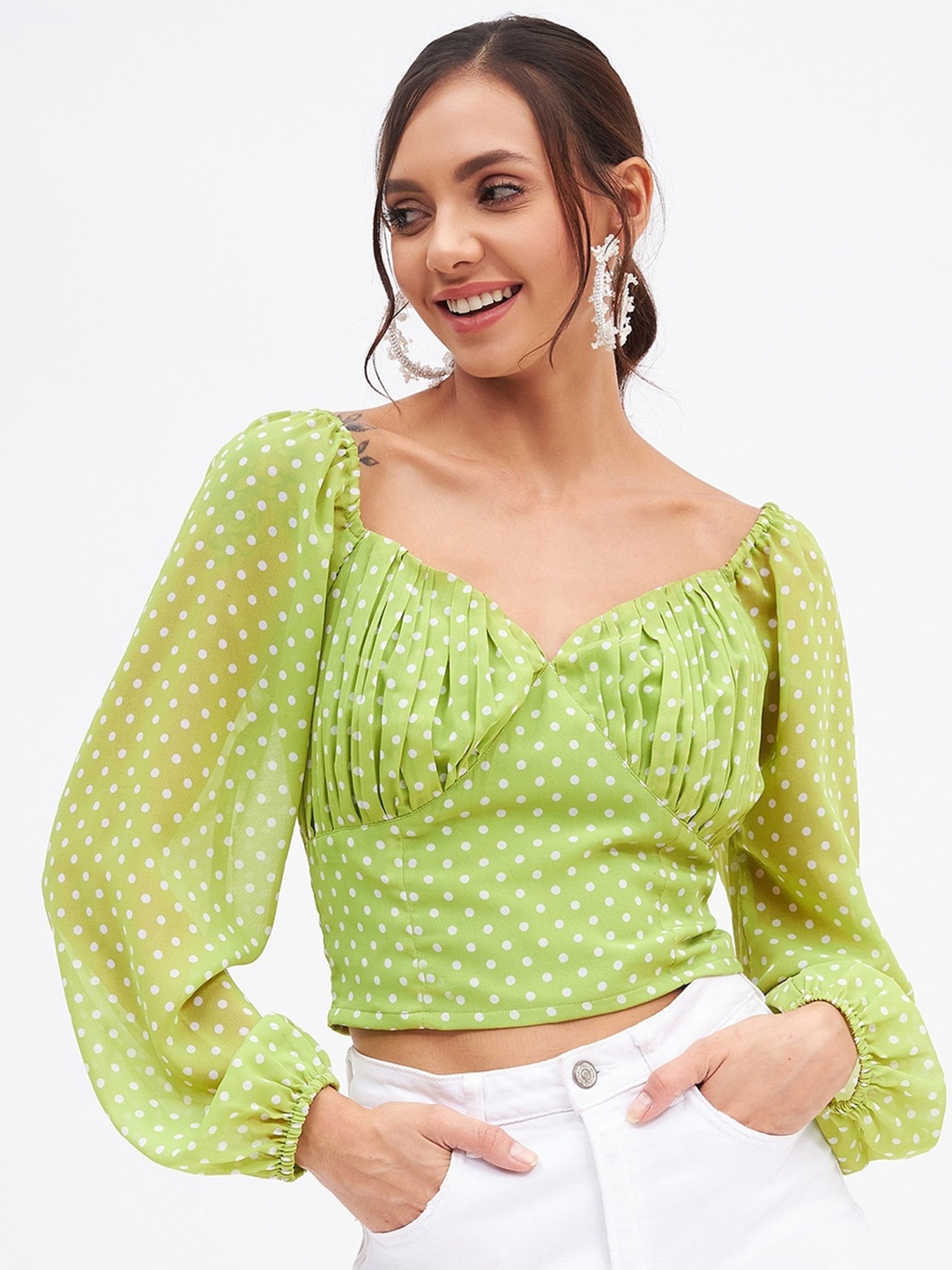 Kibo Printed Sweetheart Neck Georgette Crop Top, Green