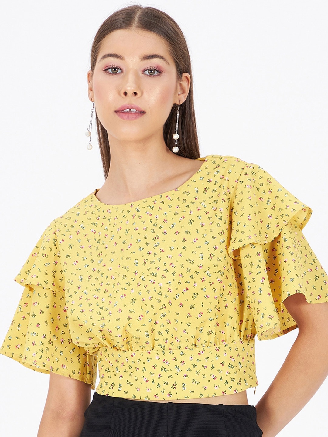 

Kibo Floral Print Ruffles Crepe Blouson Crop Top, Yellow
